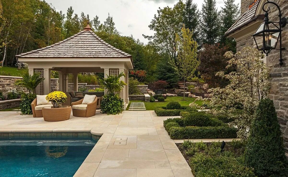 Красивый ландшафтный дизайн загородного дома фото Budowle ogrodowe Traditional landscape, Patio, Hardtop gazebo