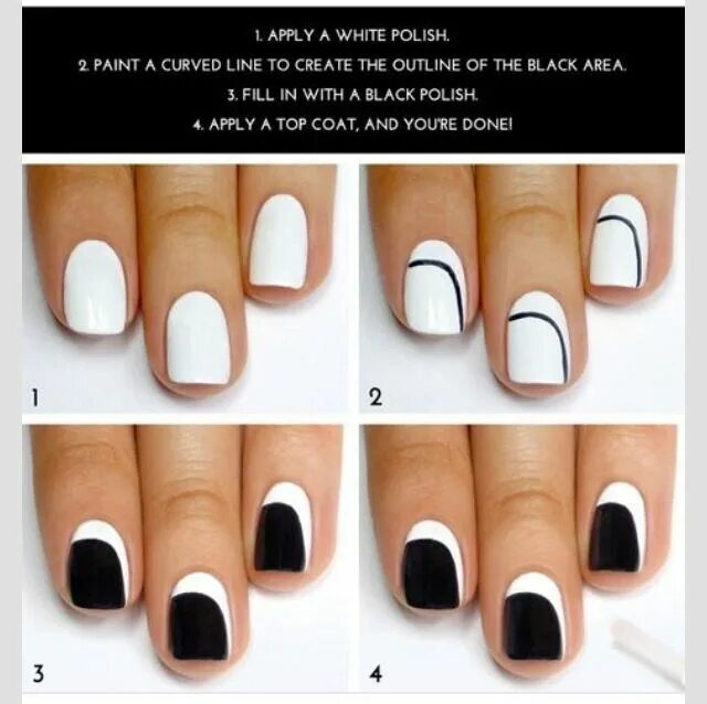 Красивый легкий дизайн маникюра black and white nails step by step Curved nails, Pretty nail art designs, Simple