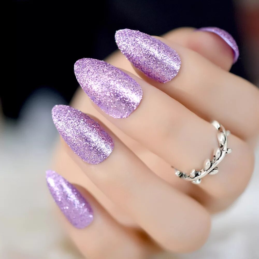Красивый маникюр 2024 блестящий Shining Purple Almond Stiletto Fake Nails Pointed 3D Sparkly Glitter Manicure Fa