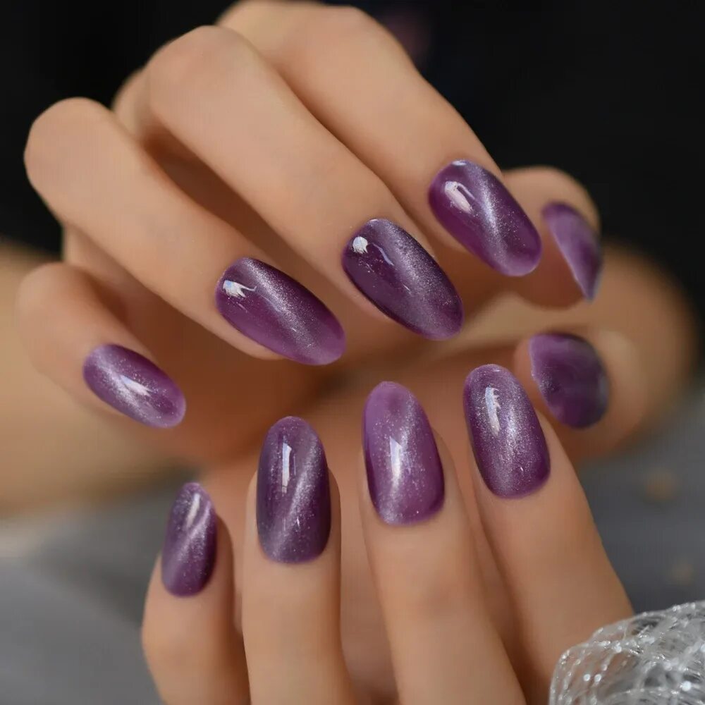 Красивый маникюр 2024 кошачий глаз 24PC Magic 3D Cat Eyes Effect Purple False Nails Press on Full Cover Chameleon M