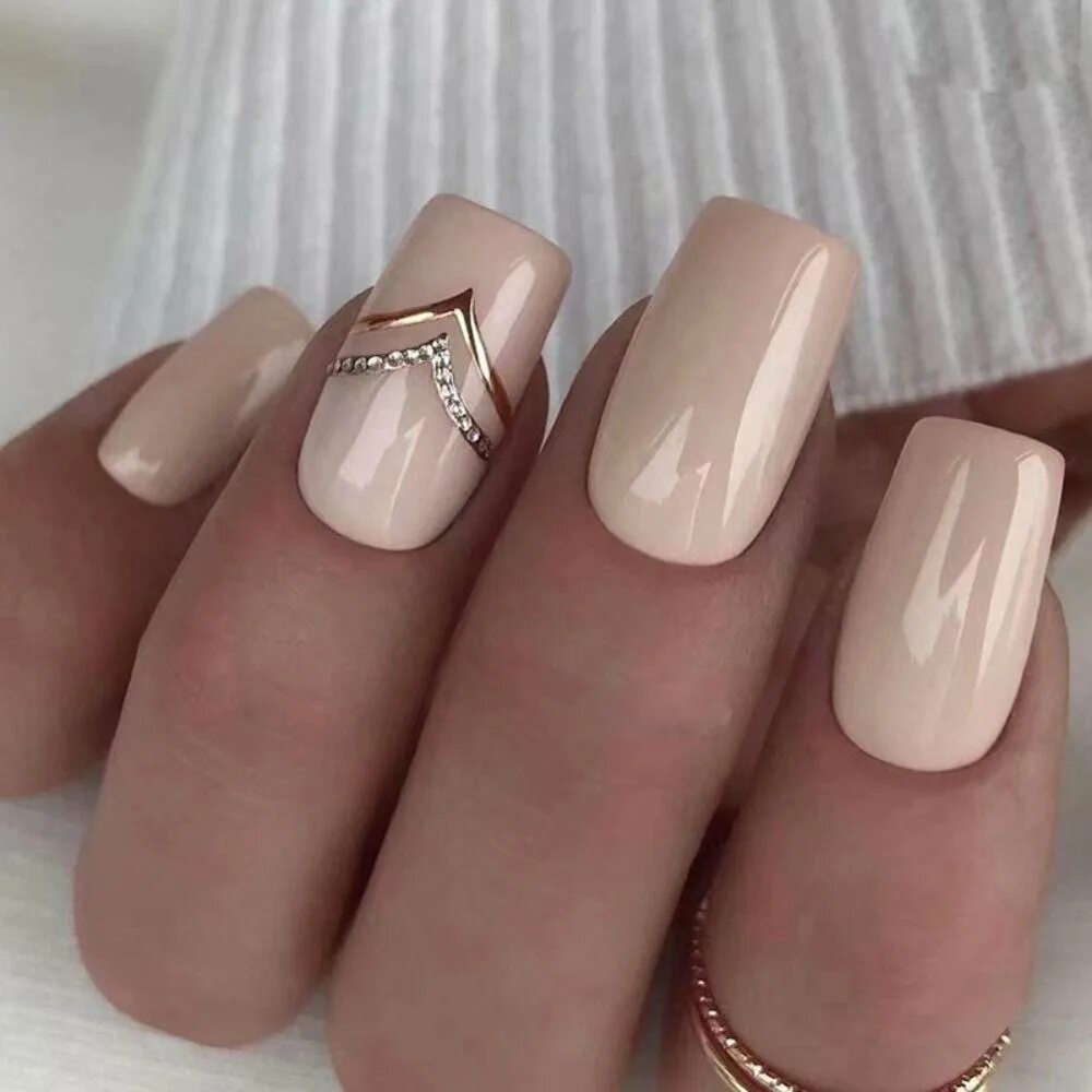 Красивый маникюр бежевые тона 24pcs Manicure DIY Press on Nails False Nails Short Square Simple Black Triangle