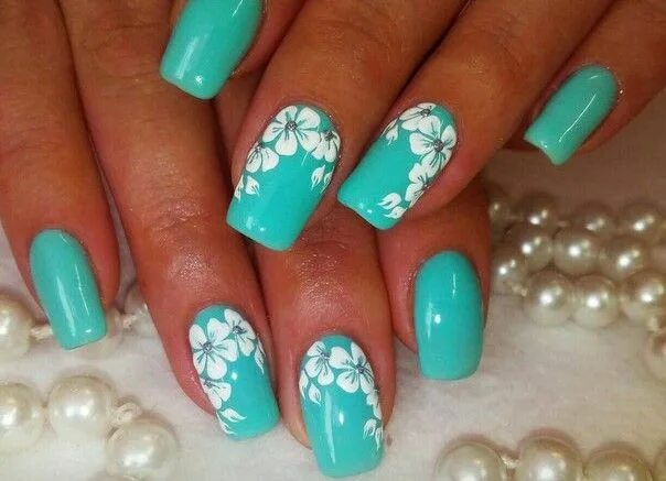 Красивый маникюр бирюза гель-лак дизайн ногтей 2016 7 Turquoise nails, Flower nails, Flower nail art