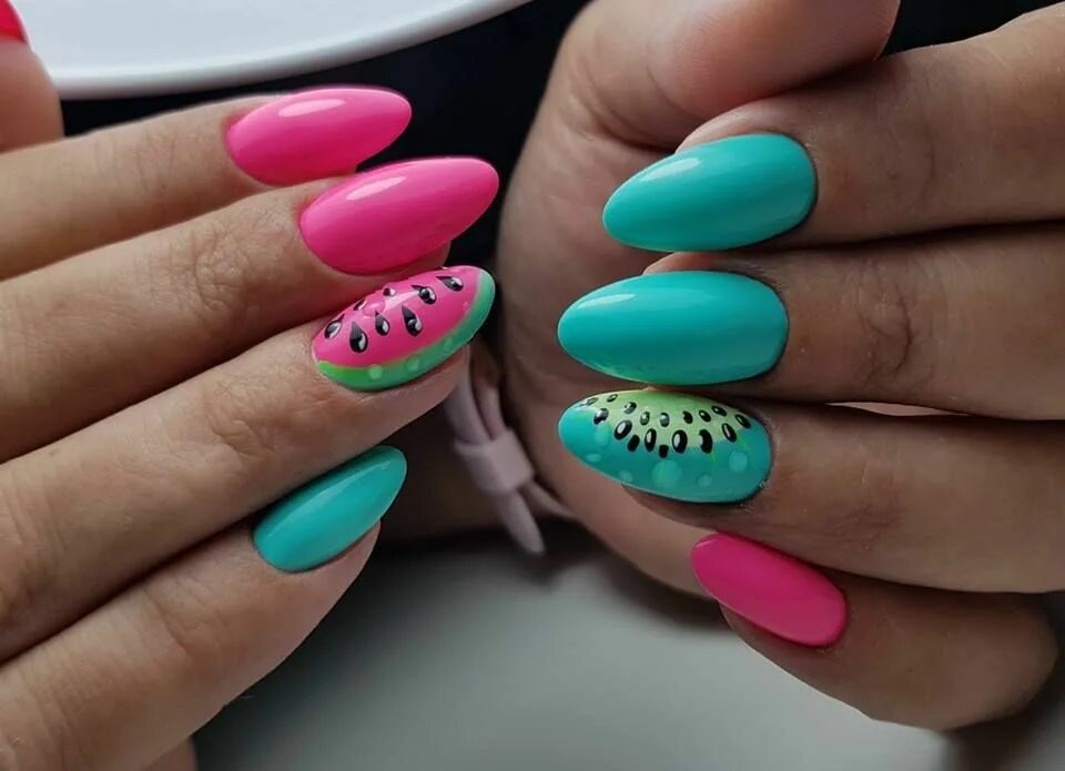 Красивый маникюр бирюза фуксия Many colours of watermelon July nails, Nails, Nail art
