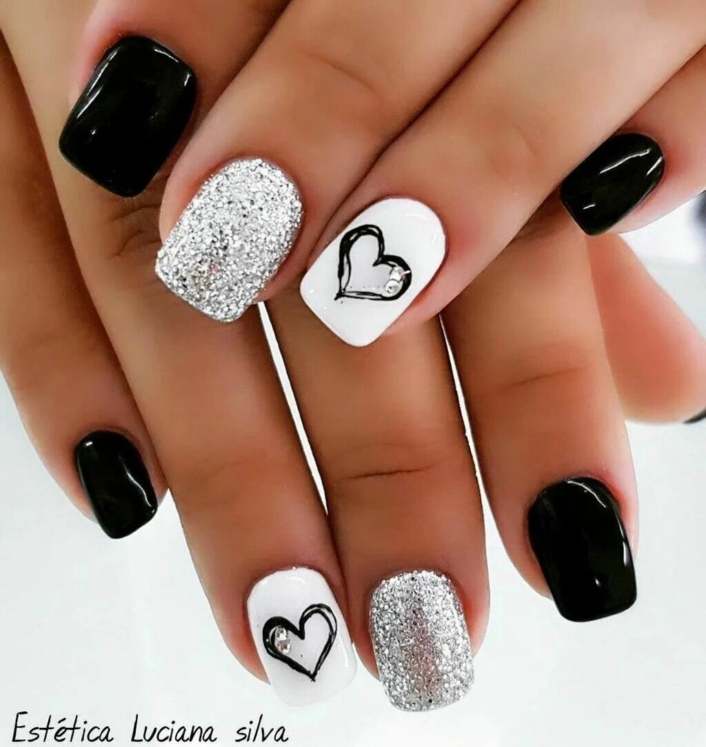 Красивый маникюр черный с белым Nails art girl polish cute makeUp Nails, Short square nails, Pretty nails