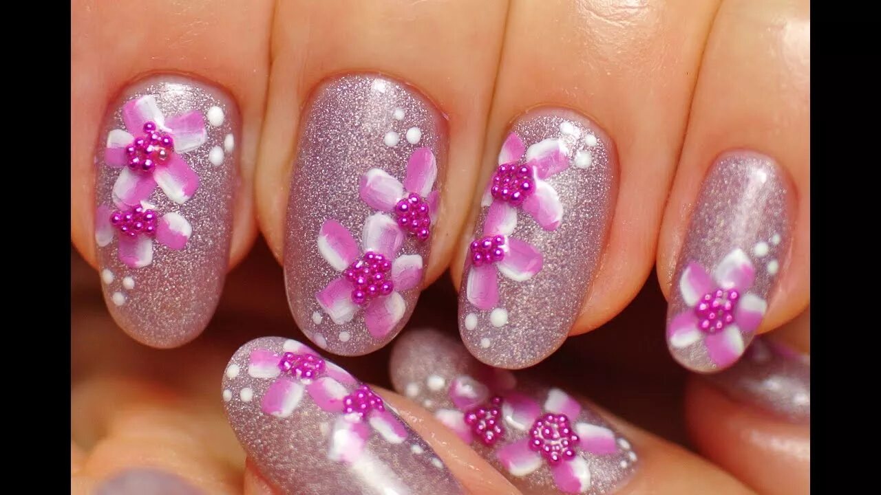 Красивый маникюр фото Nail Art. Pink Nails! Holographic Nail Polish.Floral Design! - YouTube