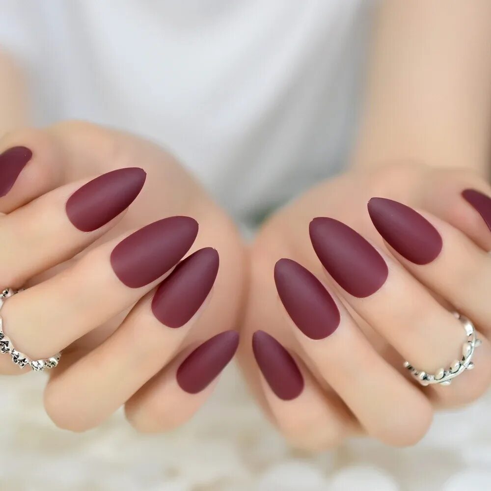 Красивый маникюр фото самый красивый однотонный Colour Matte Press On Nails Maroon Red Almond Fake Nail Tips Artificial Fingerna