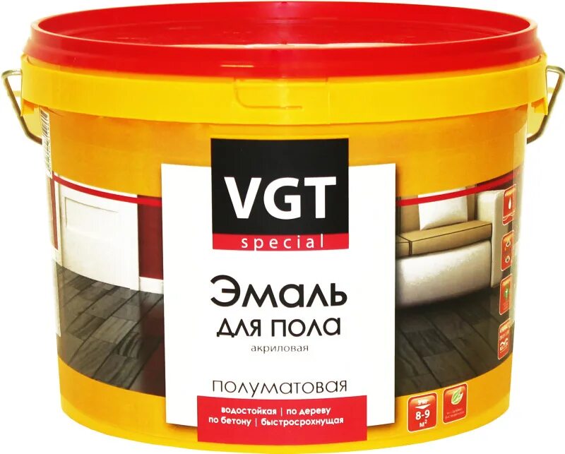 Краска для пола по дереву фото Краска VGT / ВГТ ВД-АК-1179 ЭМАЛЬ ДЛЯ ПОЛА по дереву и бетону, Полуматовое покры