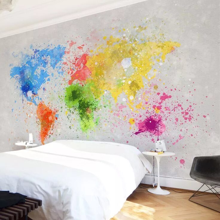 Краски дизайн интерьеров Fototapete Bunte Farbspritzer Weltkarte Weltkarte wallpaper, Tapeten, Farbspritz
