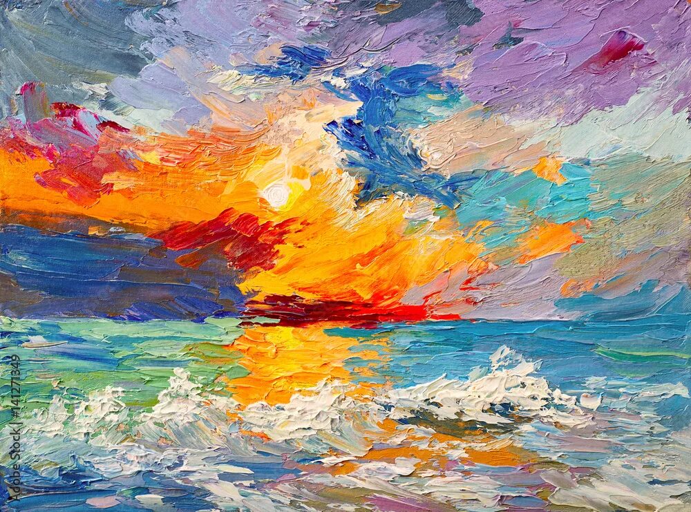 Краски моря фото Oil painting of the sea, multicolored sunset on the horizon, watercolor Иллюстра