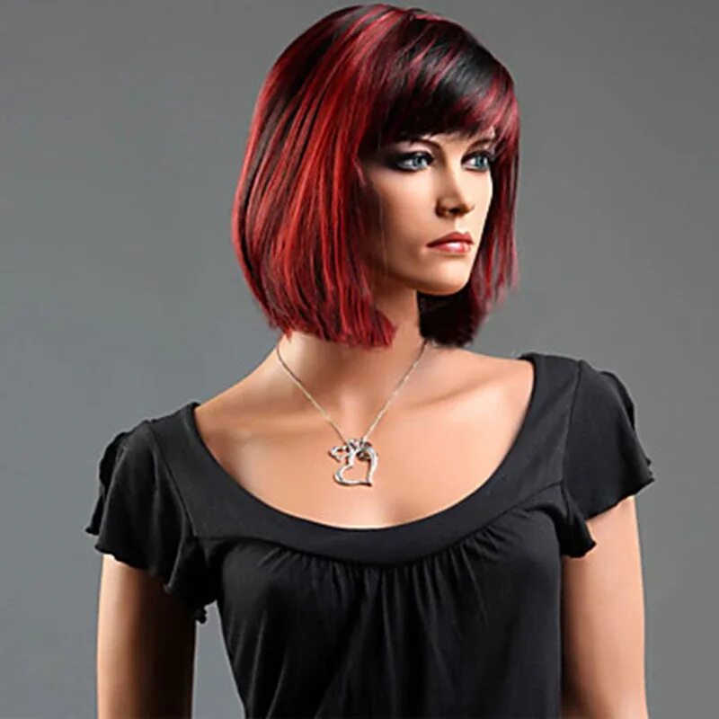 Красная челка фото HAIRJOY синтетические волосы черный красный смешанный короткий прямой боб парик 