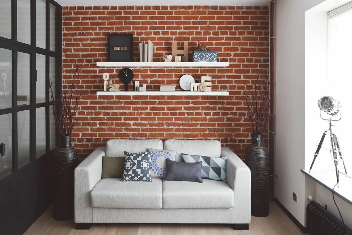 Красно белый кирпич в интерьере Pin na Cegła w salonie Brick in the living room