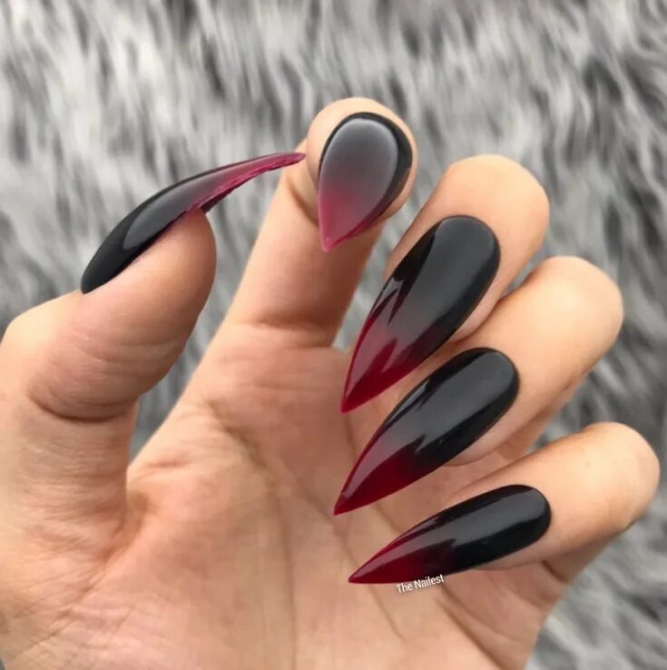 Красно черный маникюр 2024 на длинные ногти Handmade- Vamp Glossy Black Blood Red Ombre Press On Nails Halloween Coffin nail