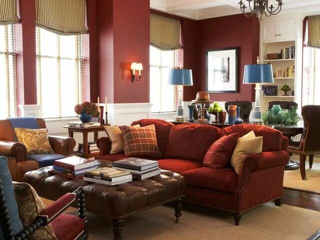 Красно коричневый цвет в интерьере Dipped in Cranberry: Monochromatic Rooms Maroon living room, Monochromatic room,