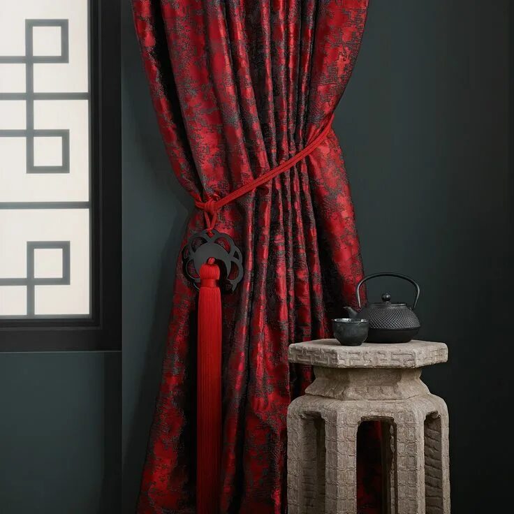 Красные бархатные шторы в интерьере The all-over jacquard pattern of SAHCO's LIANG, inspired by abstract Asian lette