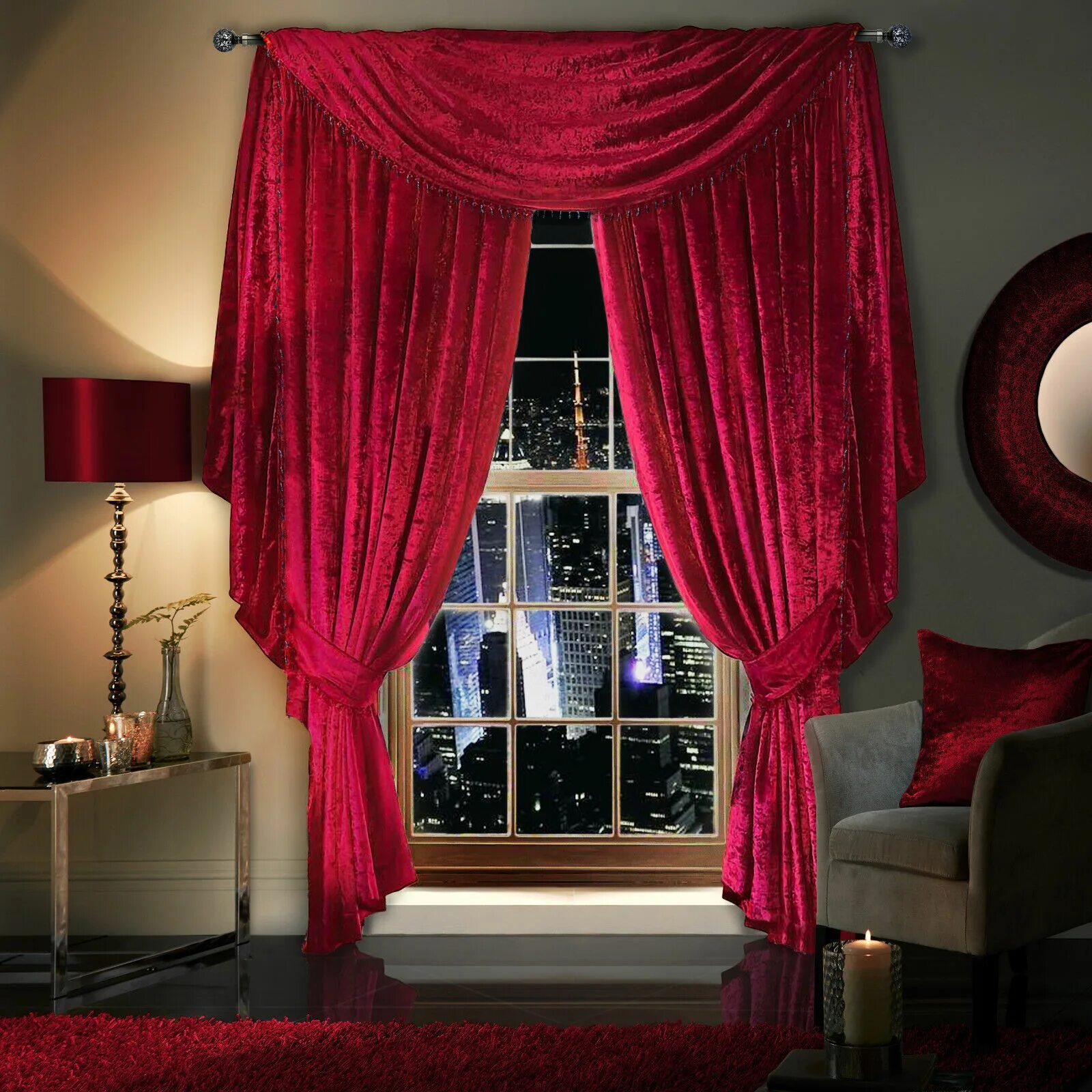 Красные бархатные шторы в интерьере Crushed Velvet Curtains Pencil Pleat Tape Top - Optional BEADED Scarf Drape eBay