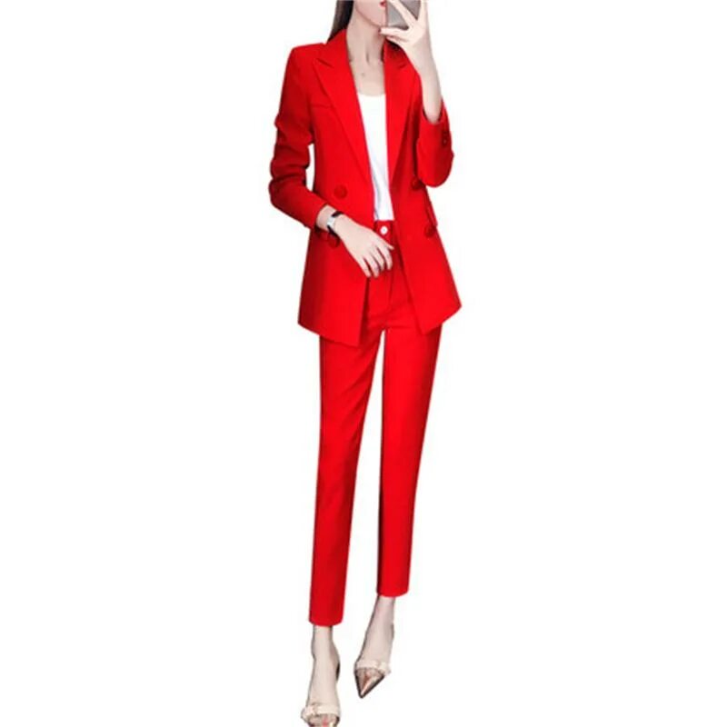 Красные брючные костюмы фото Fashion red suit suit female spring NewHigh end temperament slim double breasted