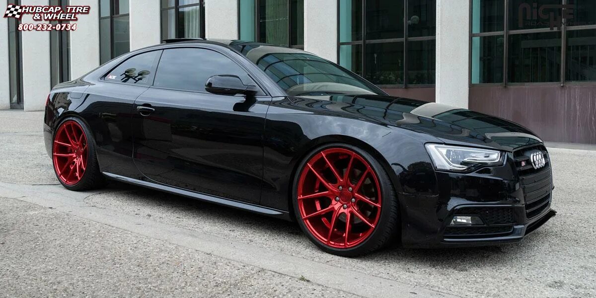 Красные диски на черной машине фото Audi A5 Niche Targa M130 Candy Red Custom Paint 20 X 10.50