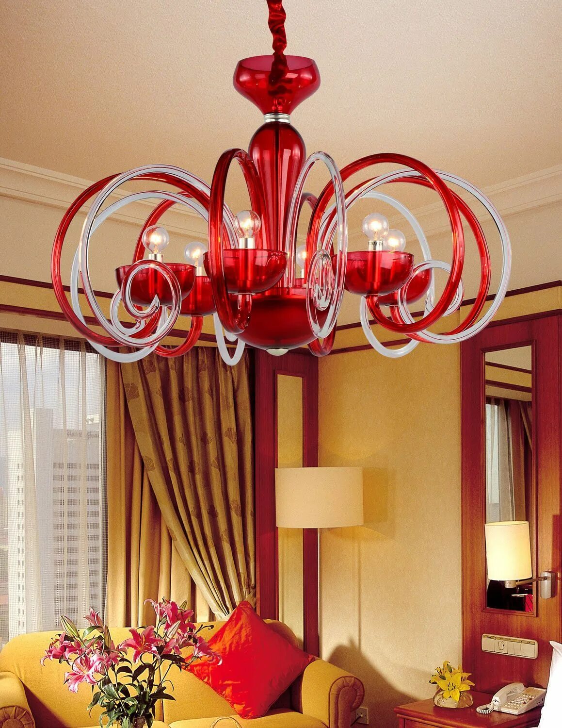 Красные люстры в интерьере Nays-6 lights- Chandelier (Red) Lustre rouge, Suspendu, Colonnes