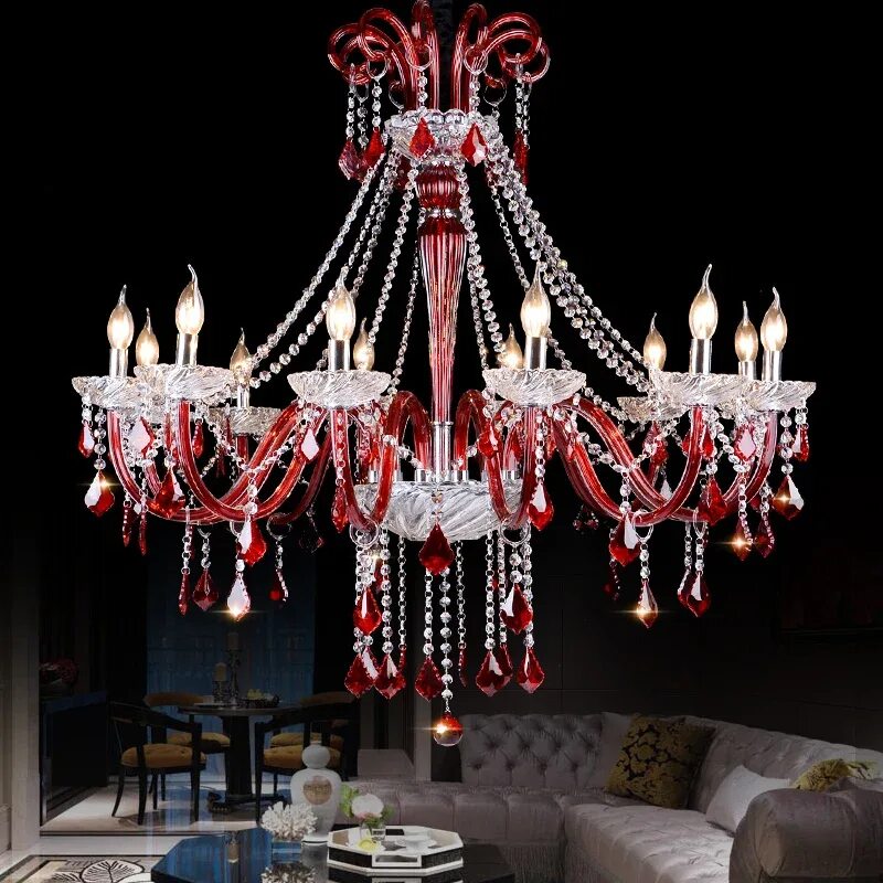 Красные люстры в интерьере MEEROSEE Hot Sale Innen dekorative Leuchte Rote Glasröhre Kristall Kronleuchter 