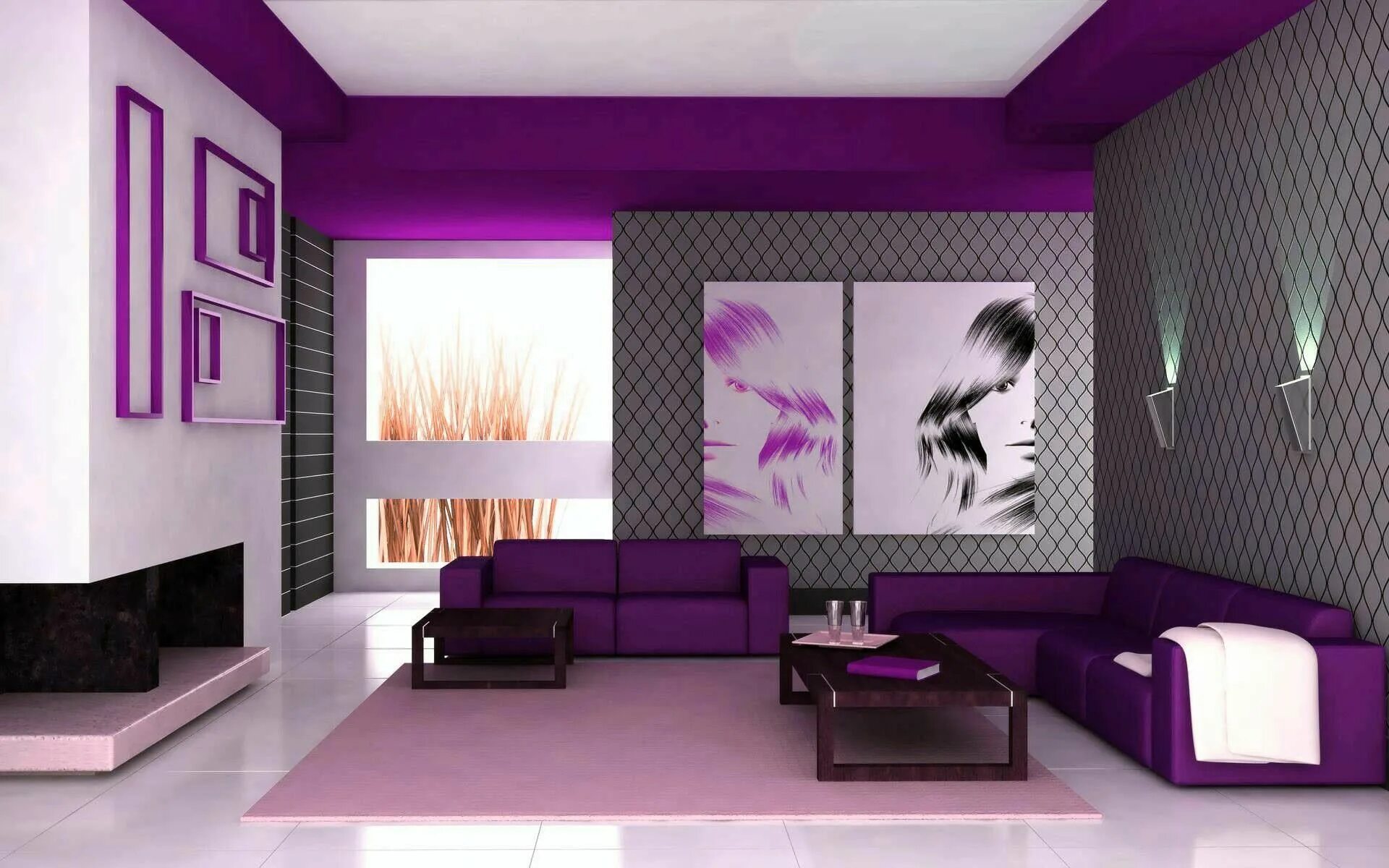 Красные обои для стен в интерьере Purple and grey are great together Purple living room, Room color schemes, Livin