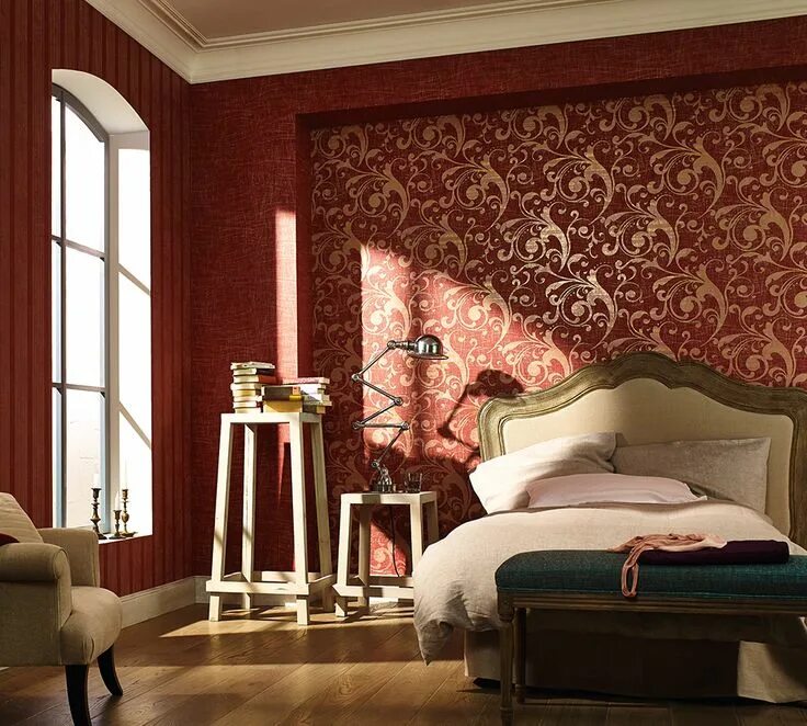 Красные обои для стен в интерьере Wallcoverings - Marburg Accent walls in living room, Wallpaper walls bedroom, Ho