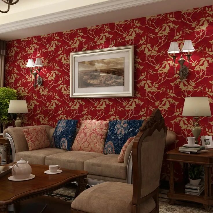 Красные обои в интерьере American Countryside Pastoral Wallpapers Nonwoven 3d wall murals Silk Leaves War