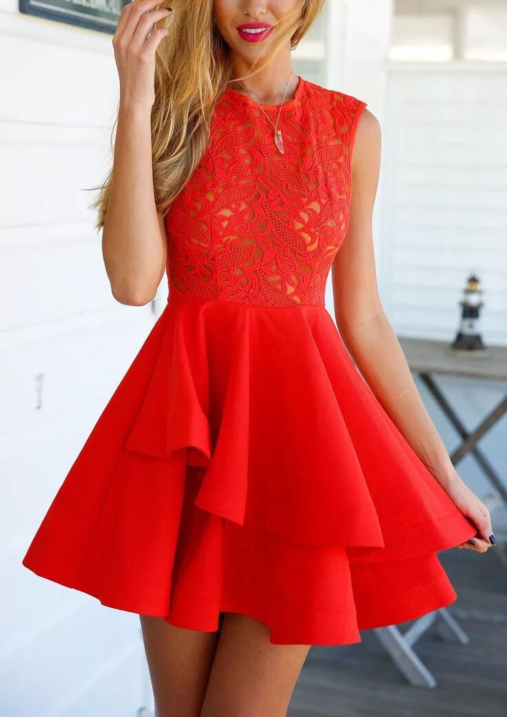 Красные платья фото короткие With Zipper Lace Insert Flare Red Dress -SheIn(Sheinside) Cocktail dress lace, R
