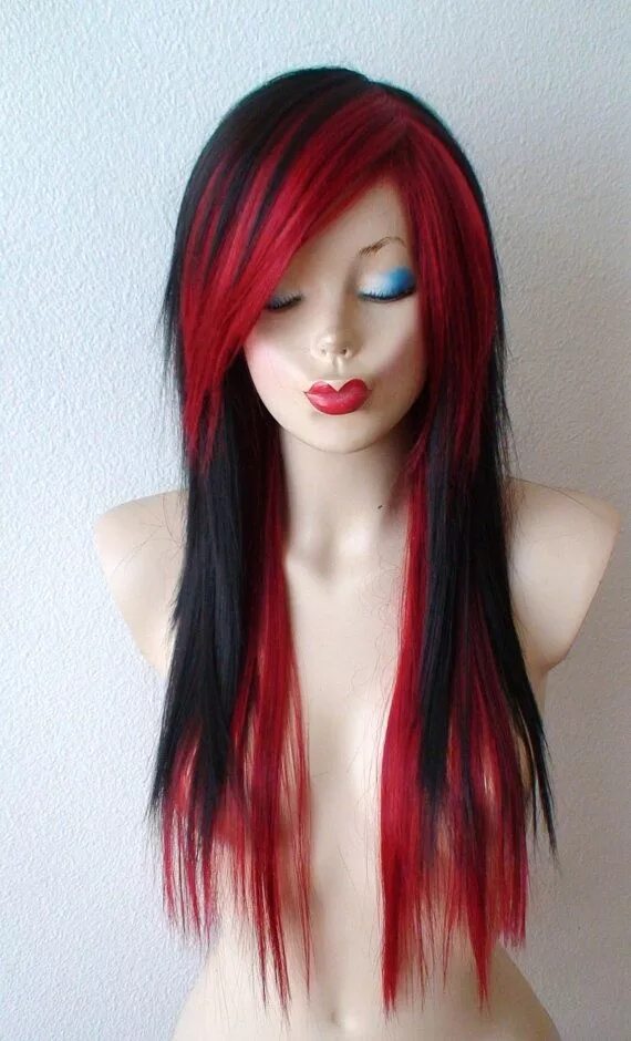 Красные пряди фото Black /wine Red Wig. 28 Straight Layered Hair Side Bangs Wig. Heat Friendly Synt