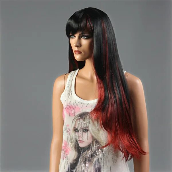 Красные пряди фото NAWOMI Black Red Highlights 100% Kanekalon Synthetic Hair Wig Long Sof - Electro