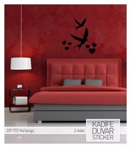 Красный декор на стену COART Kadife Duvar Sticker Kırlangıç 2 Adet Kuş / 6 Adet Kalp - Markabul.com