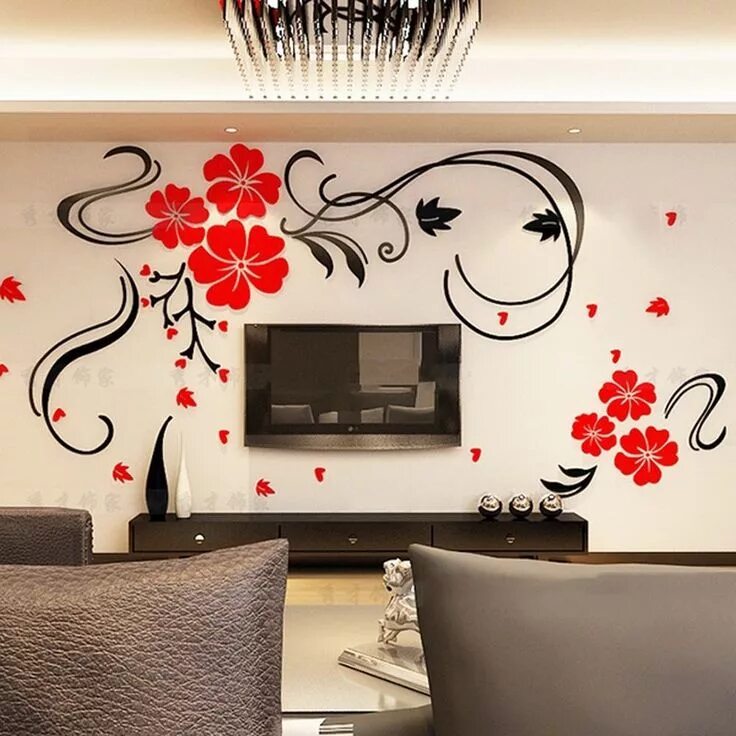 Красный декор на стену Alicemall Red Flower TV Wall Sticker Acrylic Red Blossom Floral 3D Wall Sticker,