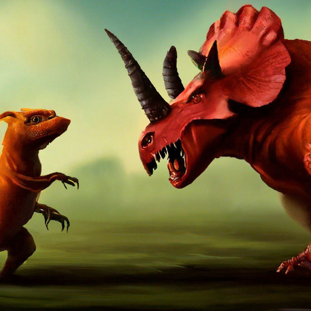 Красный динозавр фото "Drunk red dinosaur fights with a ." - image created in Shedevrum
