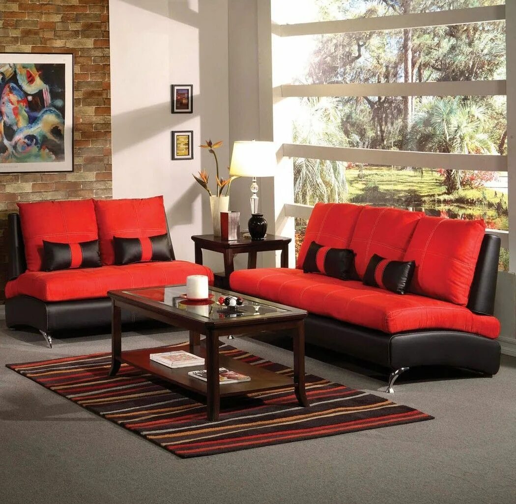 Красный диван в интерьере гостиной Acme 2pcs Jolie Red Suede Black PU Sofa and Loveseat Black living room, Black li