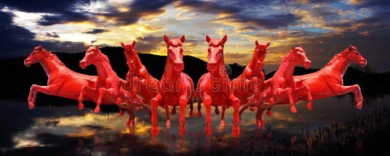 Красный конь фото Group of Red Horses Running with Sunset Sky Stock Photo - Image of farm, model: 
