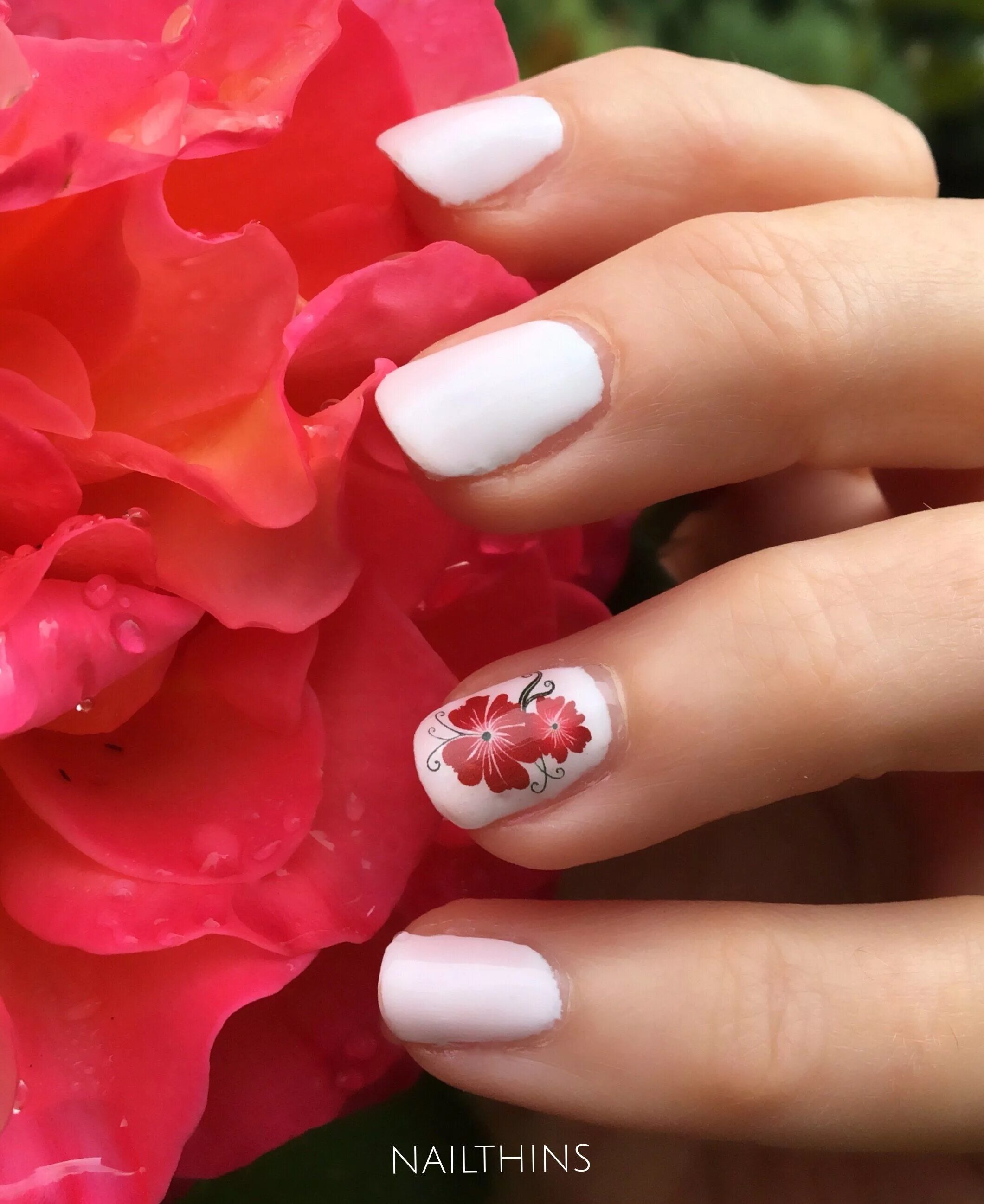 Красный красивый маникюр с цветами Red Flower Hawaiian Nail Decal Hawaii Flower NAILTHINS Tropical Nail Designs Haw