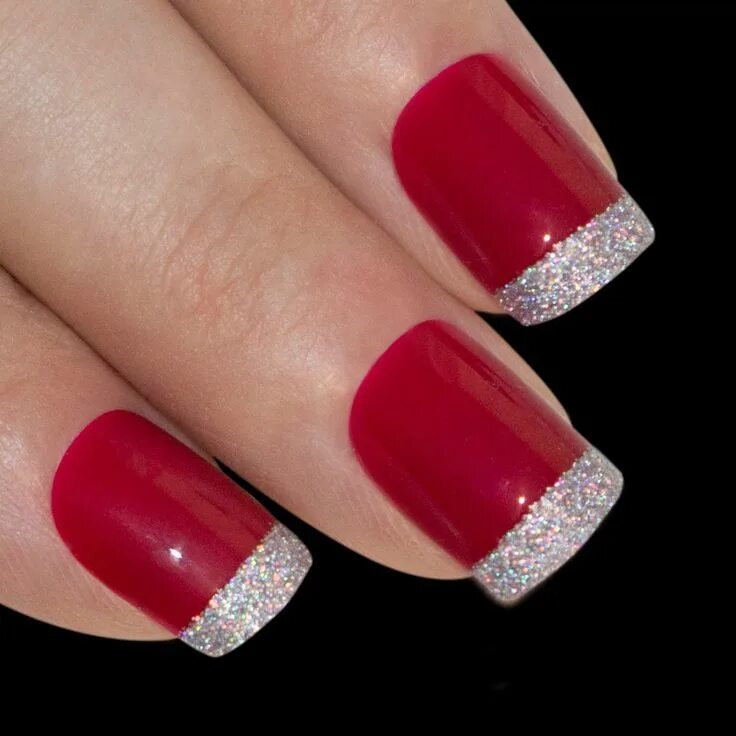 Красный маникюр блестящий френч False Nails Bling Art French Manicure Red for Danger Full Cover Medium Tips UK R