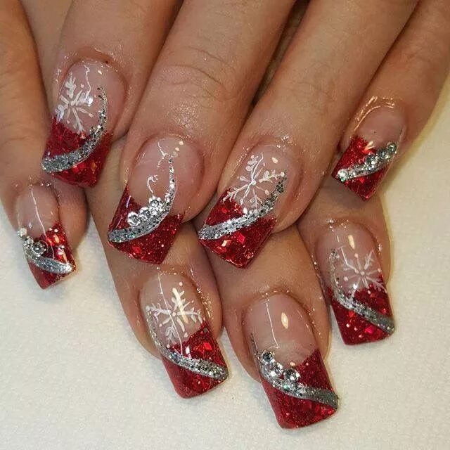 Красный маникюр блестящий френч French with red in 2022 Red christmas nails, Christmas nail art designs, Christm