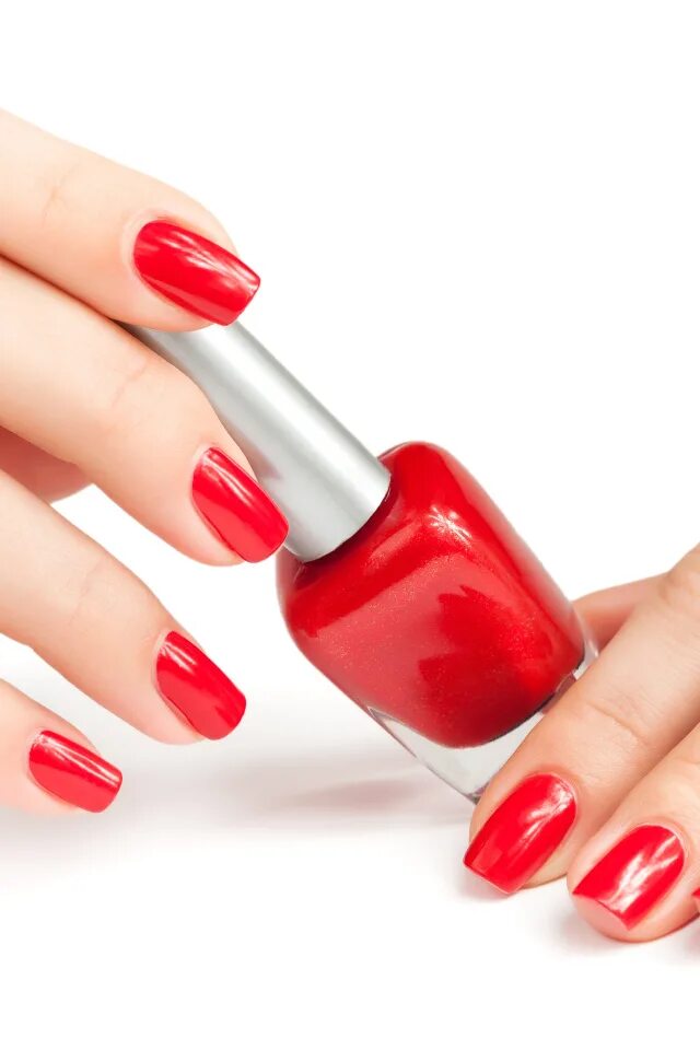 Красный маникюр фон Female hands with a red manicure and varnish on a white background Desktop wallp