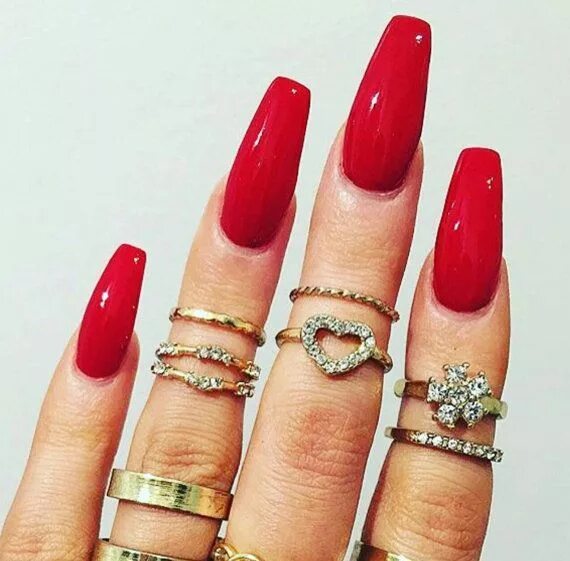 Красный маникюр форма балерина Bright Red Matte/Glossy Fake Press On Nails by ExhaleHate on Etsy Red acrylic na