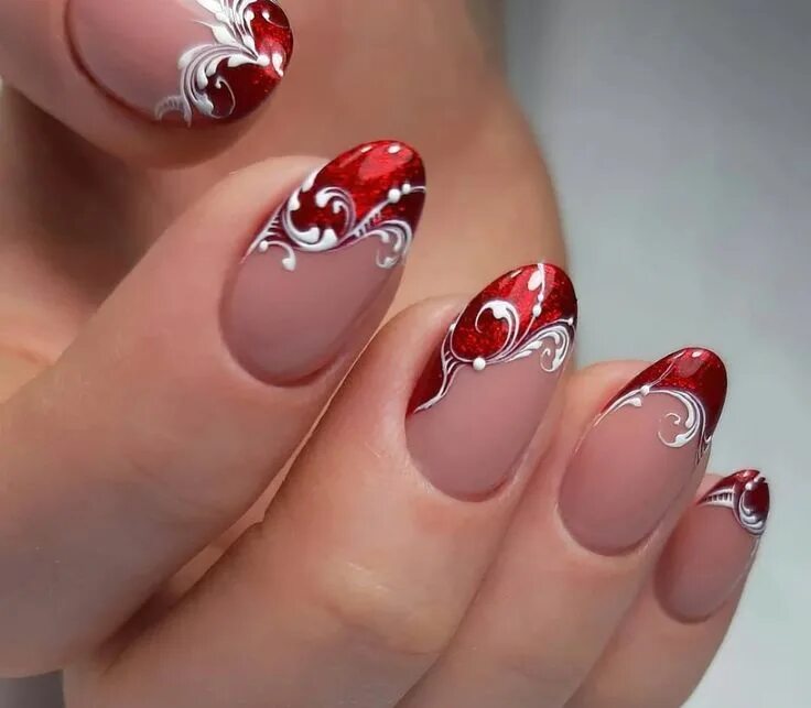 Красный маникюр френч с дизайном Яркий маникюр зимы 2021. Много фото. Nail Stil Яндекс Дзен Lace nails, Pretty na