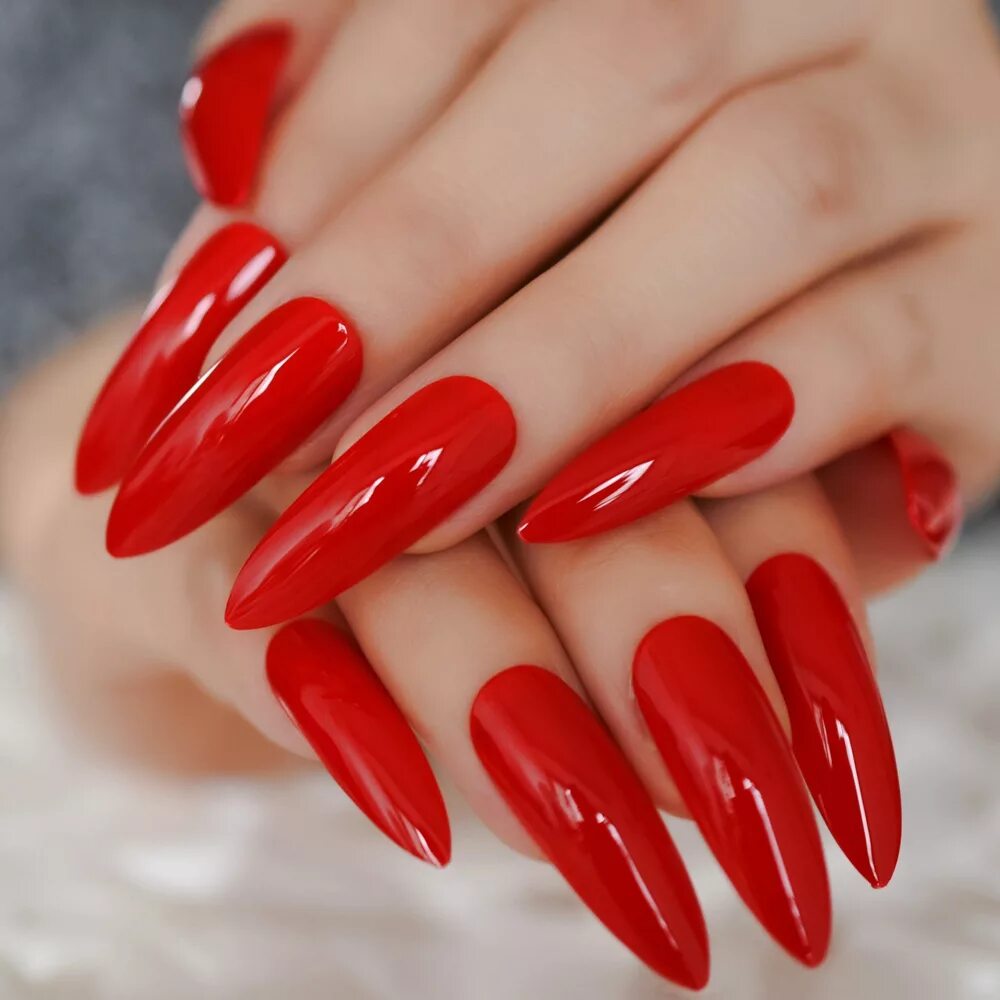 Красный маникюр на длинные ногти миндалевидной формы Bright Long Nails extreme Long Glossy Red Fake Nails 24pcs - Party-ready Gel Nai