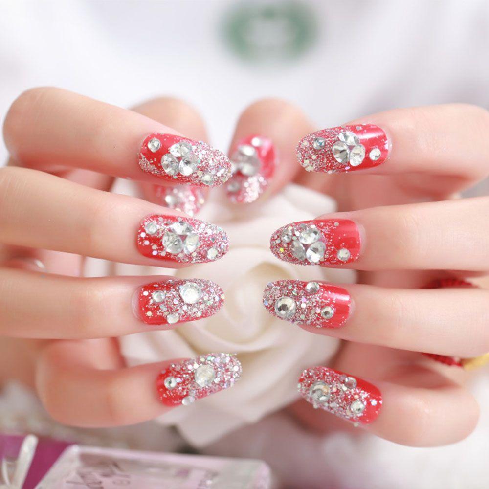 Красный маникюр невесты Crystal Flower Diamond Natural Full Cover Manicure Tool Fake Nails False Nail Ti