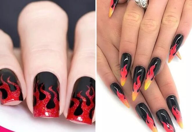 Красный маникюр пламя Маникюр с огнем - на короткие, длинные, в клетку, с черным, желтый, красный, бел