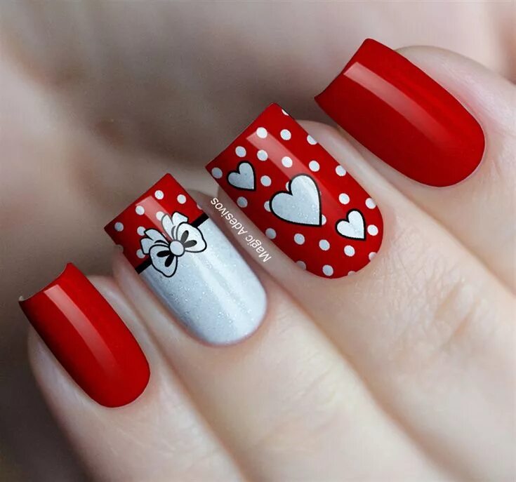 Красный маникюр с бантиком Unha Decorada para o Dia dos Namorados Valentine nail art, Diy valentine's nail 