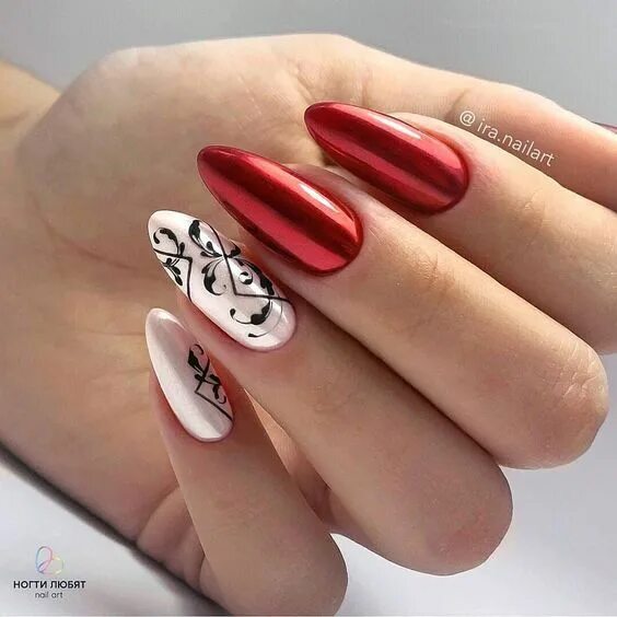 Красный маникюр с белым дизайном миндаль Paznokcie 2019 - Najnowsze Trendy Ze Świata Manicure na Nowy Rok! Unhas decorada