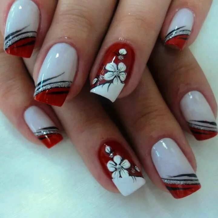 Красный маникюр с белыми рисунками 19 Cute & Inspiring Nail Art Designs & Ideas Manicura de uñas, Diseños de uñas d