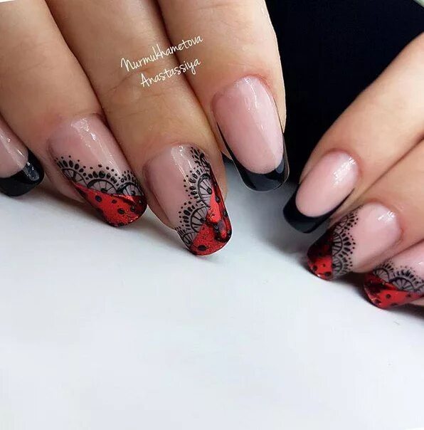 Красный маникюр с черным кружевом Маникюр Видеоуроки Art Simple Nail Ongles stylés, Vernis à ongles, Ongles dentel