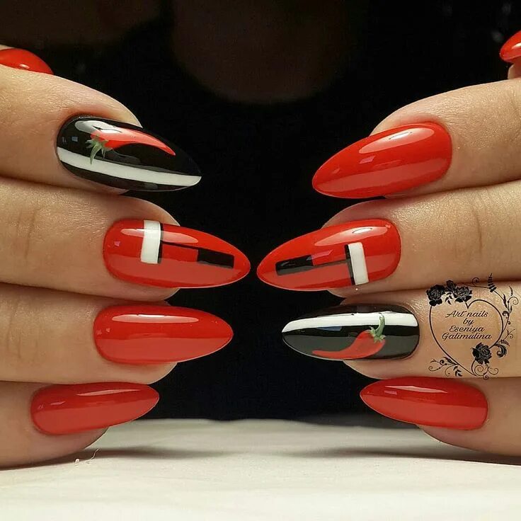 Красный маникюр с дизайном на длинные Ногти, гель лак, маникюр Омск (@art_nails_esenia) posted on Instagram * May 19, 