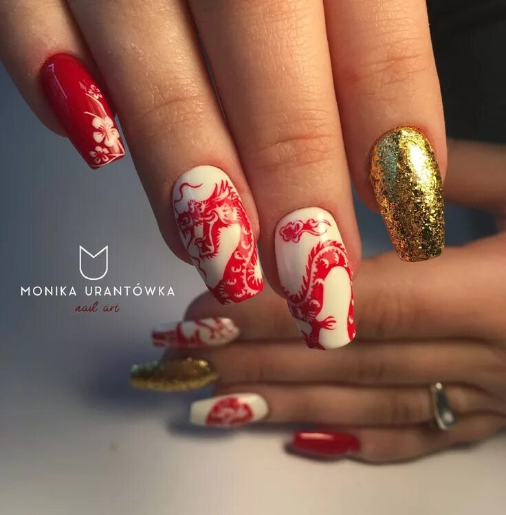 Красный маникюр с драконом China dragon Nails art Unghie, Unghie idee, Unghie gel