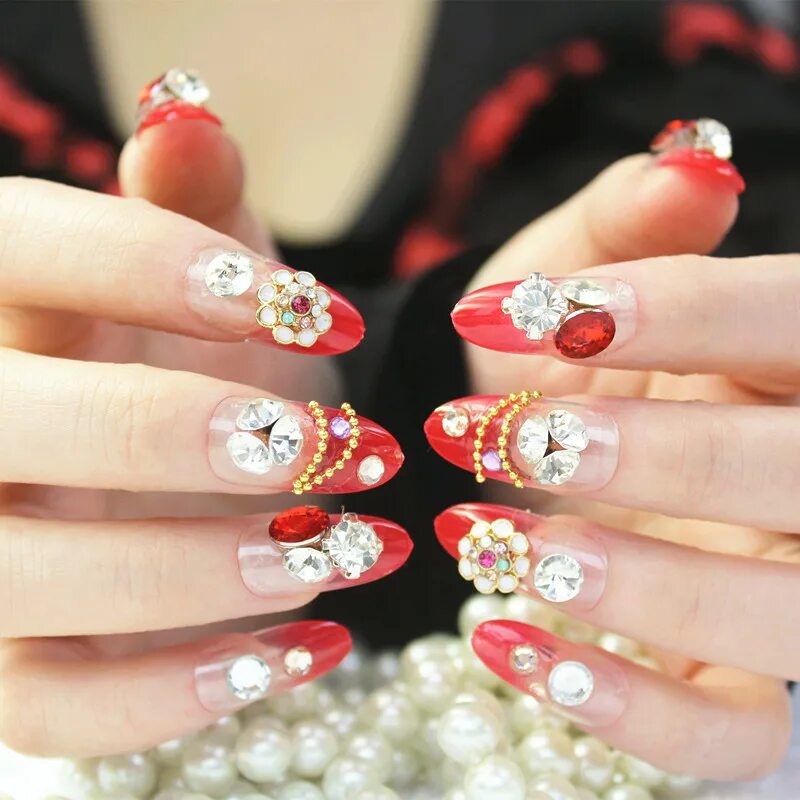 Красный маникюр с камушками 2020 24pcs/set 3D False Nails Crystal Rhinestone Glitter Tips Bridal Nail Women 